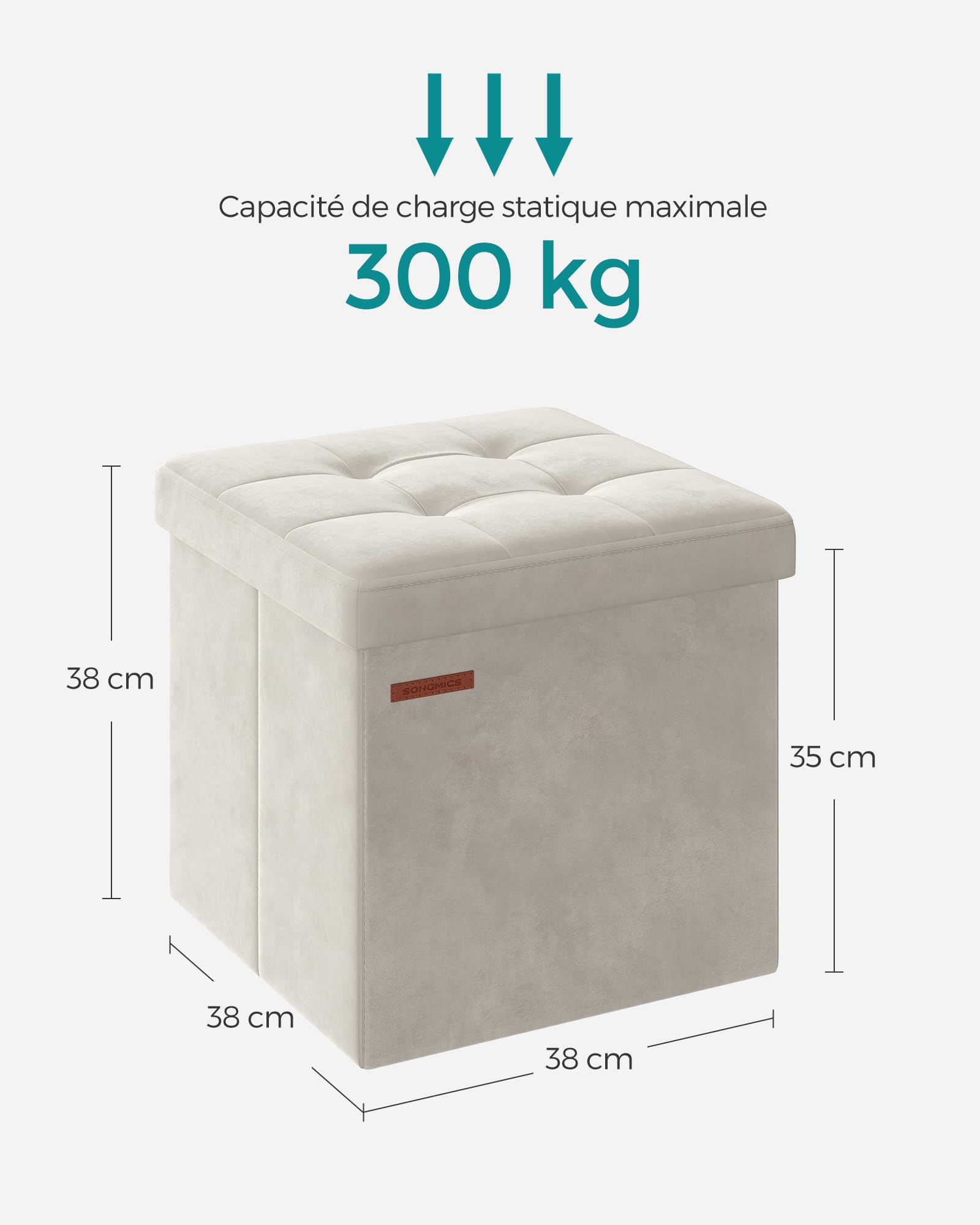 SONGMICS Tabouret de Rangement, Petit Pouf Pliable, 38 x 38 cm, Repose-Pieds Cubique avec Rangement, Charge jusqu'à 300 kg, pour Salon, Chambre, Dortoir, Blanc Crème LSF227W01