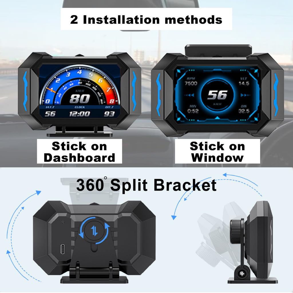 OTPerformance OTP-P25 OBD2 Car HUD Head Up Display Display Tachometer Multi-Function Digital OBDII GPS Speedometer Car Speed MPH Altitude Driving Direction Slope Meter Universal All
