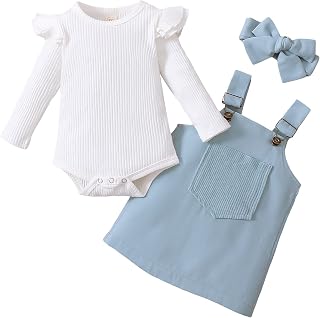 fall girl clothes kids Outfit long Sleeve white Ribbed Romper pink Suspender Skirt sets Headband 3pcs