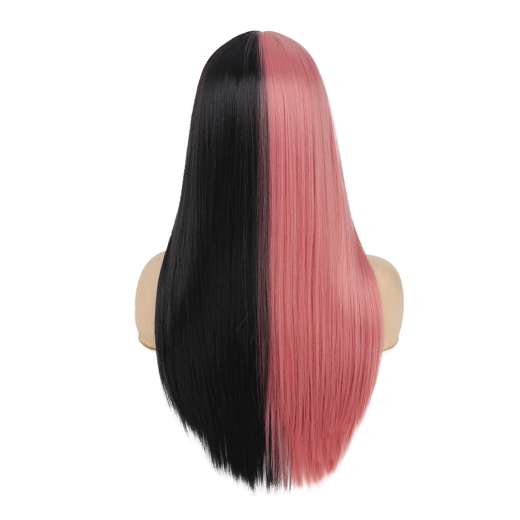 Swiking Lolita Wig - Half Pink, Half Black, Long Straight Cosplay Wig With Bangs, Natural Synthetic Hair