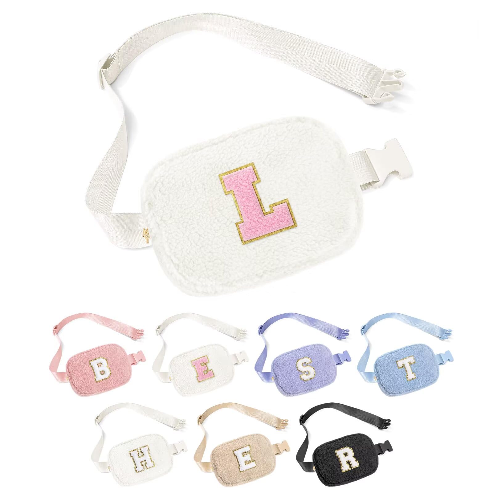 yoolife birthday gifts for 3 4 5 6 7 8 9 10 11 12 13 year old girls, initial crossbody bag belt bag fanny pack purse, gifts for girls daughter sister kids, white l