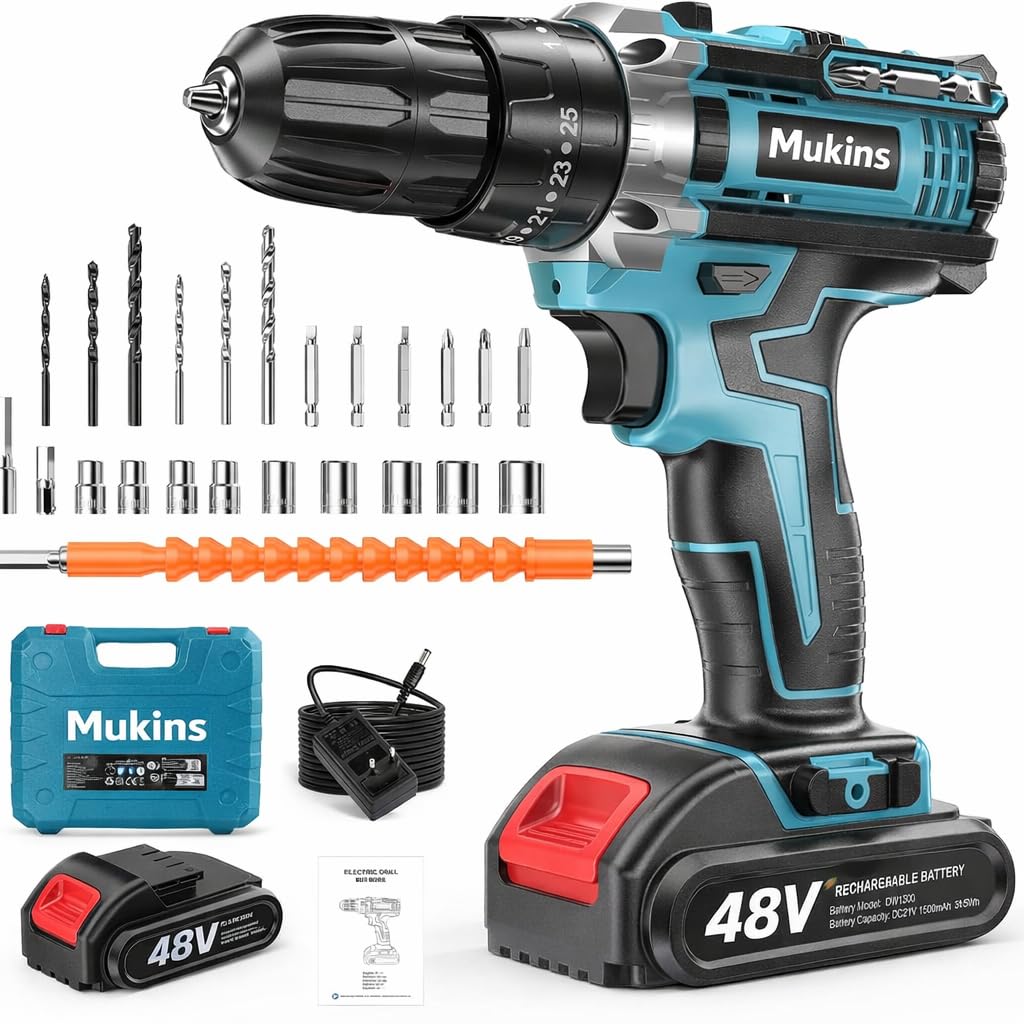 Trapano Avvitatore a Batteria 48V MAX Professionale, 2 Velocità 0-2350 RPM, 25+3 Coppie, Mandrino Autoserrante, Luce LED, Kit Completo con Valigetta e Accessori