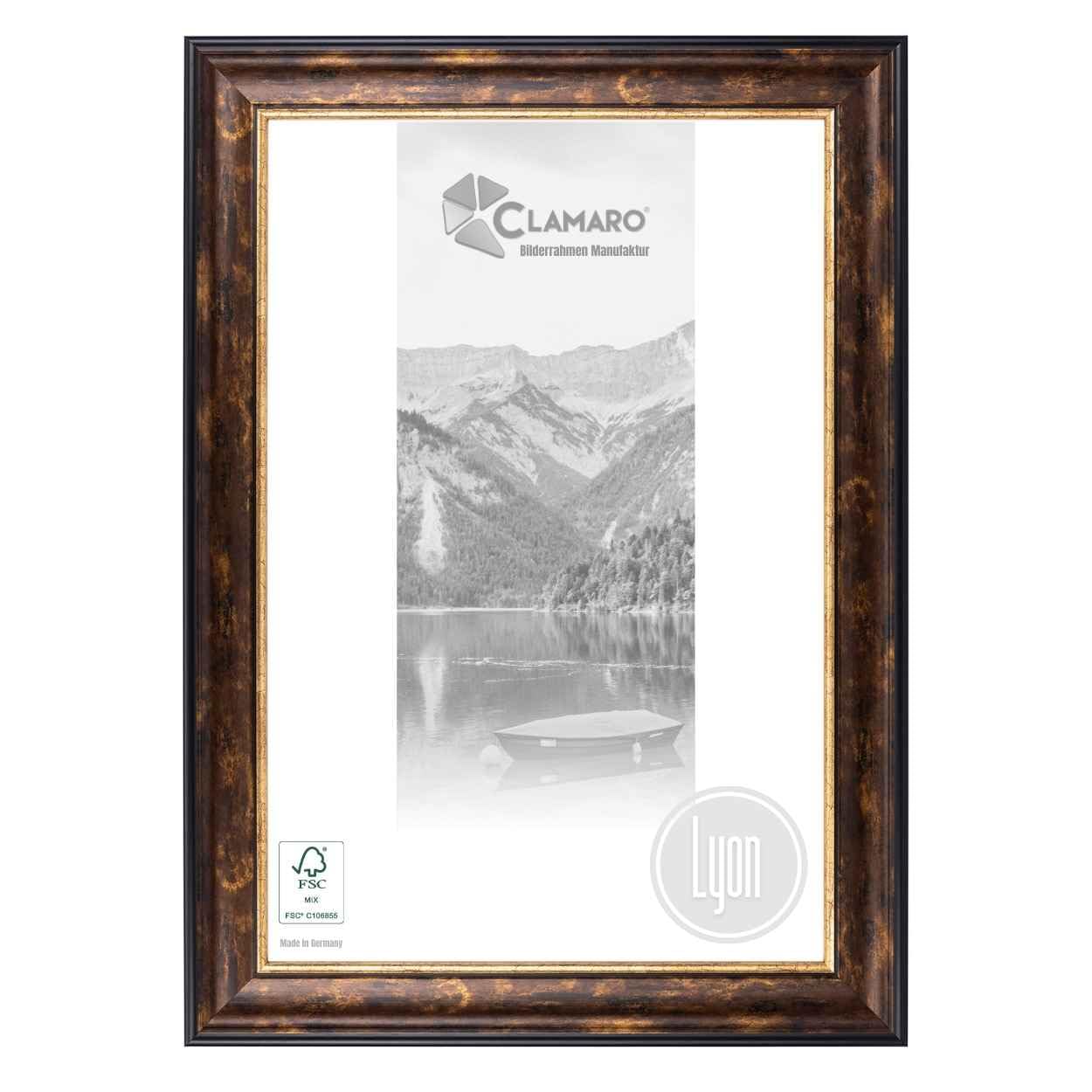 CLAMARO 'LYON' ramka na zdjęcia w stylu antycznym (DIN A4) 21 x 29,7 cm, lite drewno, brązowo-czarno-złota, szerokość 56 mm, shabby chic, vintage, barokowa listwa, drewniana rama w zestawie szkło