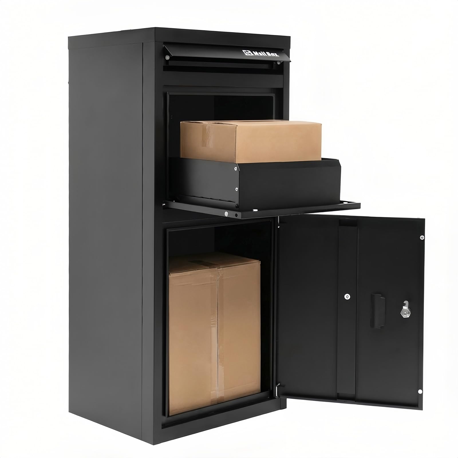 BIRCHTREE Large Parcel Drop Box with Lock & 2 Keys, 101cm Height, Secure Parcel Delivery Box, Weatherproof Outdoor Metal Parcel Box with Anti-Theft Design, Wall or Floor Mounted, Black