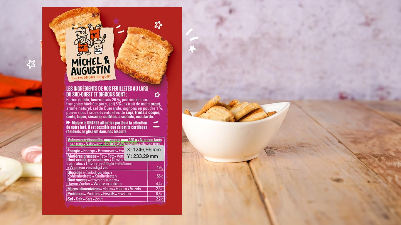 Michel & Augustin – Petits feuilletés au Lard du Sud-Ouest et pointe d’oignons – Pâte feuilletée pur beurre – Biscuit apéritif croustillant 80g x 9