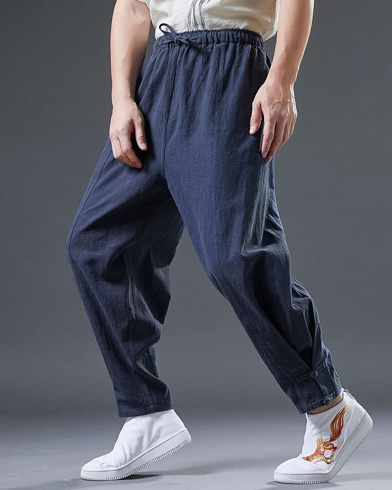 GUOCU Męskie spodnie chinosy Ramie ze ściągaczem jednokolorowe lniane spodnie swobodne luźne spodnie zwężane proste spodnie do jogi letnie spodnie plażowe Lounge Wear