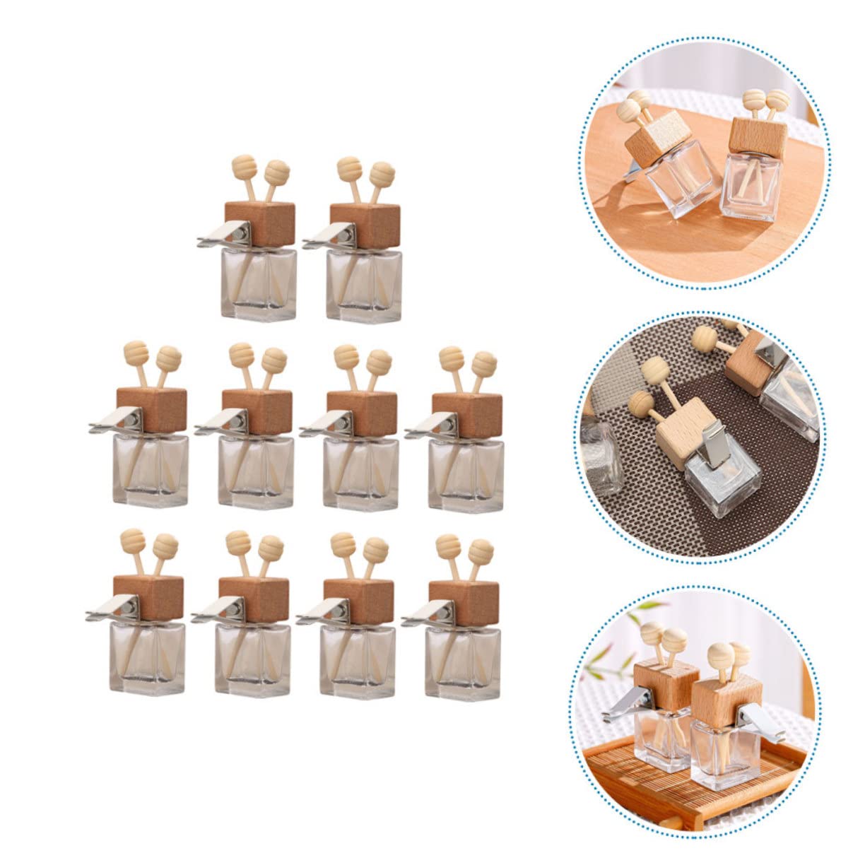 10 pezzi Bottiglie Diffusori Profumo Auto in Vetro con Tappo in Legno e Clip per Bocchette d Aria Decorazione Elegante per Aromaterapia e Oli Essenziali Freschezza Continuativa