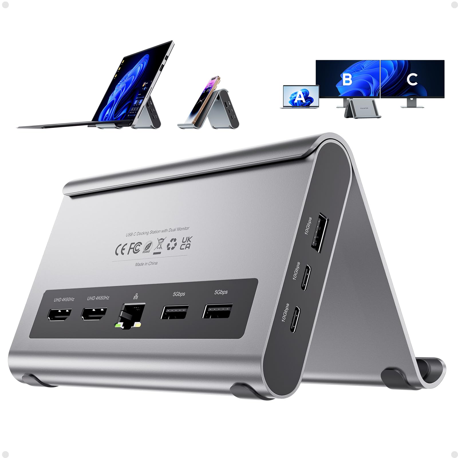USB C Docking Station Dual Monitor, PULWTOP Laptop Dock for Windows, Laptop Docking Staion Stand with 2xHDMI 4K,3xUSB-C/A 10Gbps,2xUSB-A 5Gbps,RJ45,PD