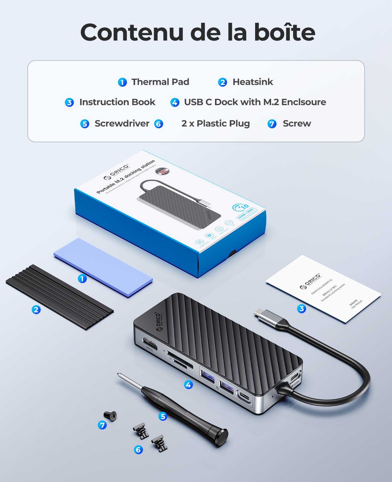 ORICO 8-en-1 Station d'accueil USB C avec Boîtier SSD M.2, Hub USB C avec SSD M.2 NVMe/SATA, Adaptateur Multiports USB 10Gbps, HDMI 4K@60Hz, 100W PD, SD/TF, Docking Station - OM28P
