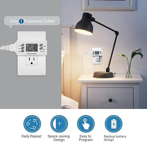 Miniatura 2 de DEWENWILS - Temporizador para interior, programable digital, interruptor temporizador con 1 toma polarizada, barra de ahorro de espacio para luces