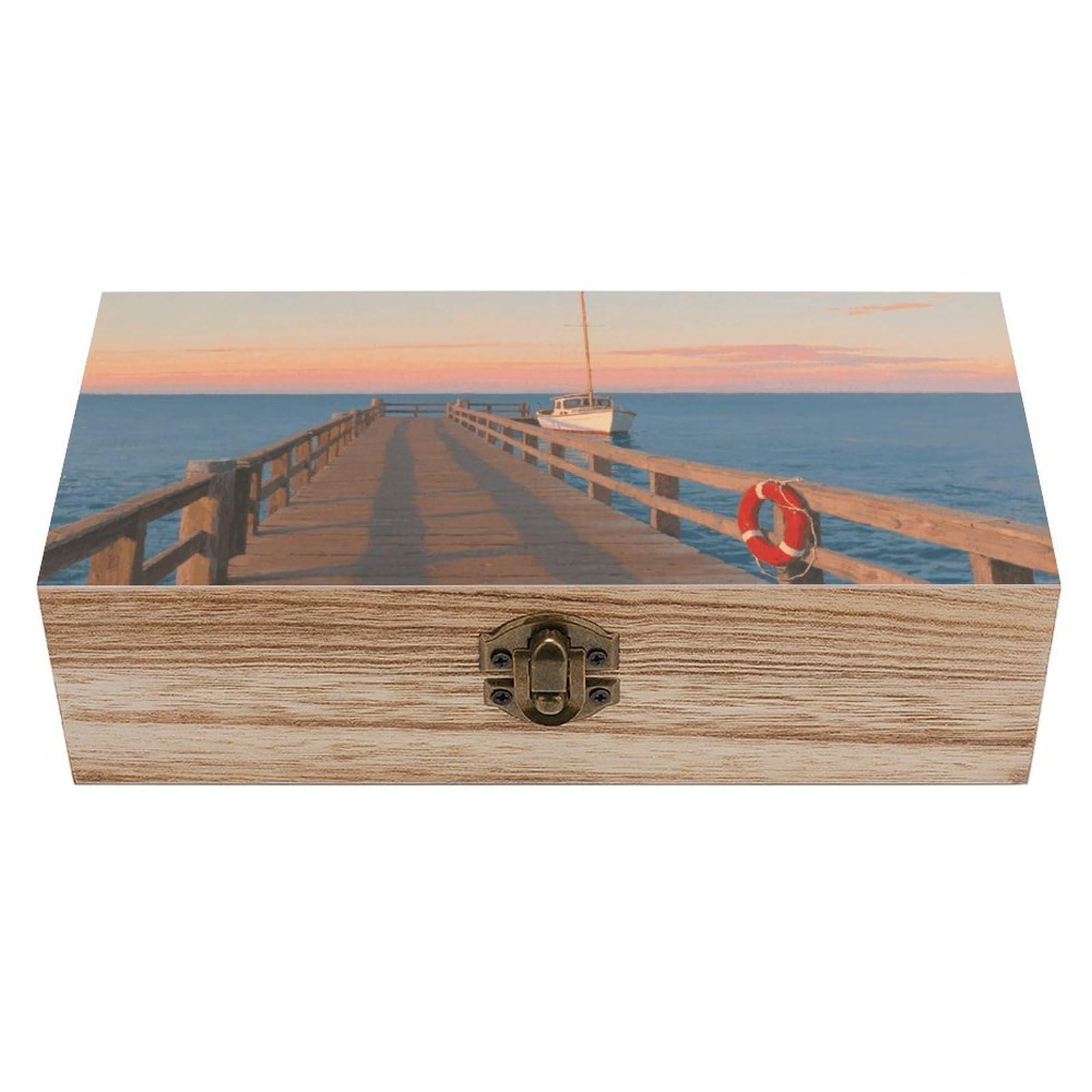 FodPand Decorative Keepsake Box Wooden Storage Boxes with Hinged Lid Handmade Seaside Escape Wood Organizer Memory Treasure Box for Jewelry Craft Card Photo Storage Wedding Bridal Shower Gifts