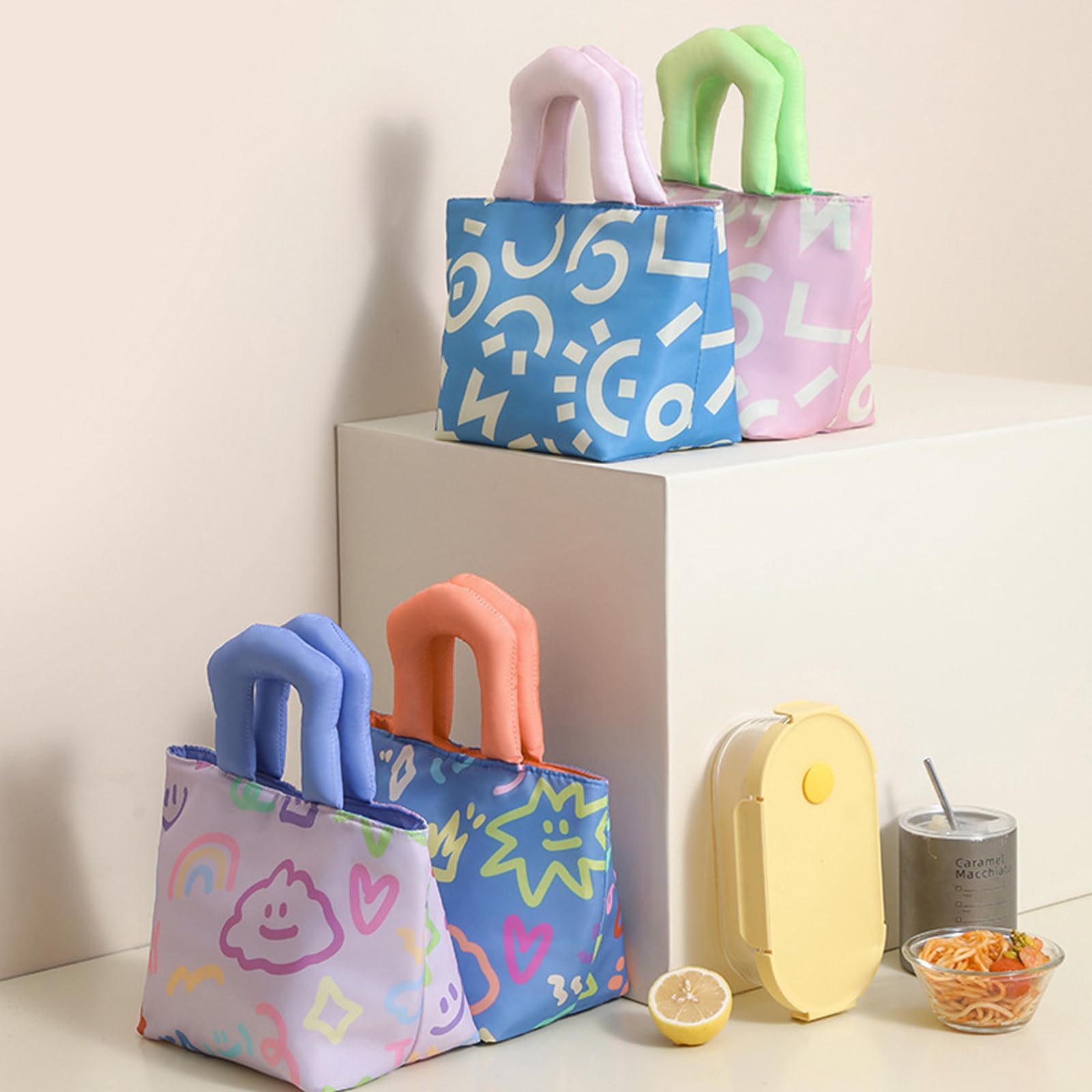 MiniMood 保冷保温ランチバッグ 20×20×14cm 3層断熱構造 アルミ箔裏地 ソフトハンドル付き (柄入り パステルカラー 軽量丈夫) - 通勤 通学 ピクニック対応 (青い手提げ)