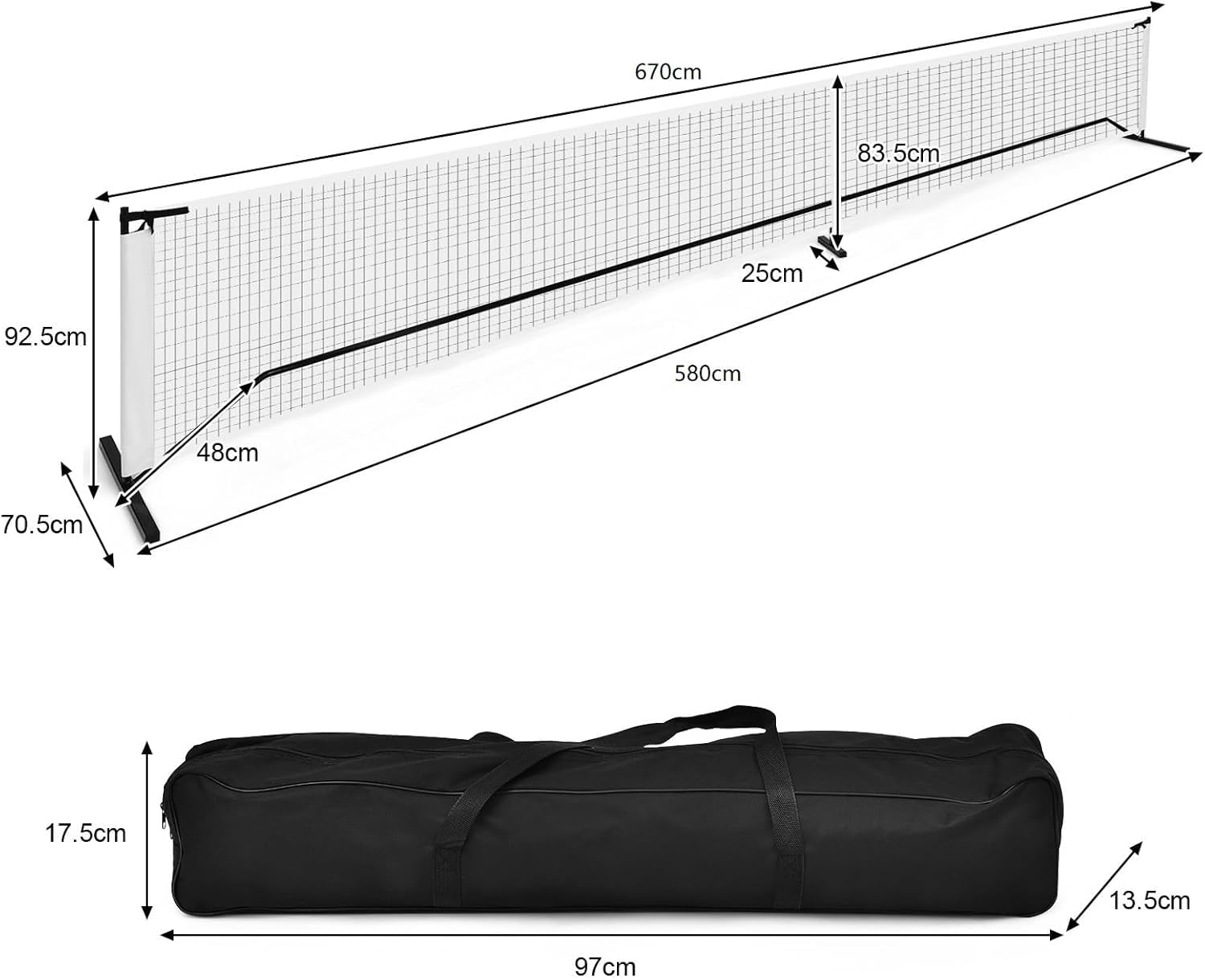 FANTASK 670 x 92cm tragbares Tennisnetz, Pickleball-Netz in offizieller Größe mit Metallrahmen & Tragetasche, Schwarz