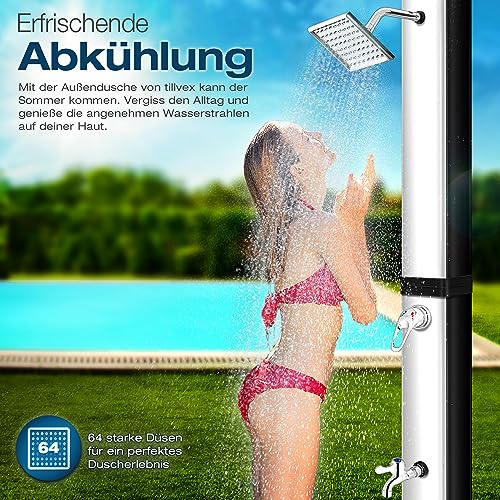 tillvex Solardusche 40 Liter inkl. Schutzhaube | Solar Garten-dusche warmes Wasser | Pooldusche Camping | ohne Stromanschluss | mit Wasserhahn und Regenduschkopf | Gartenschlauch-Anschluss