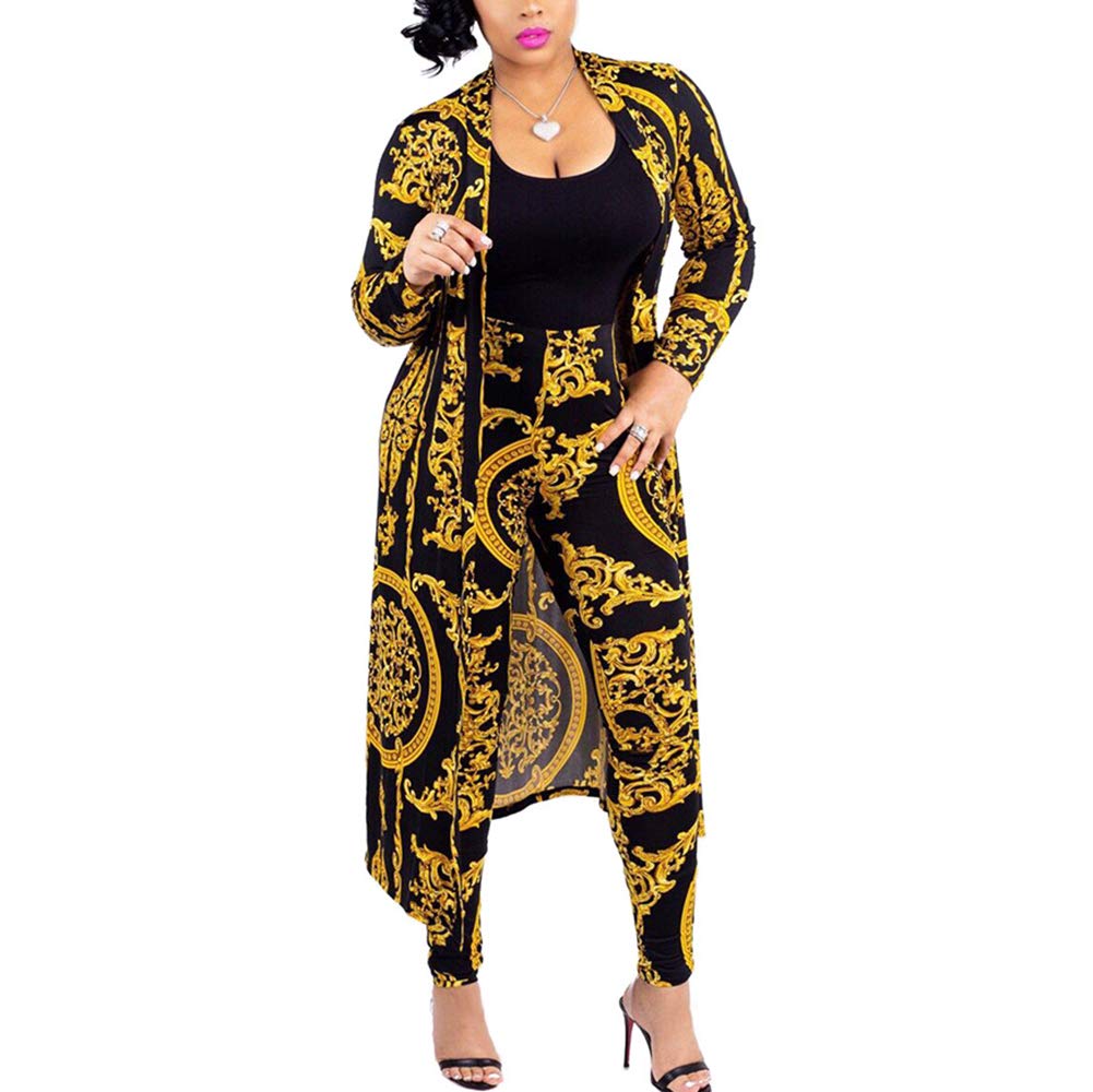 CQWL Women's Fashion Printed Long Cardigans 2-Piece Outfits, Long Sleeve Coat and Trousers Set