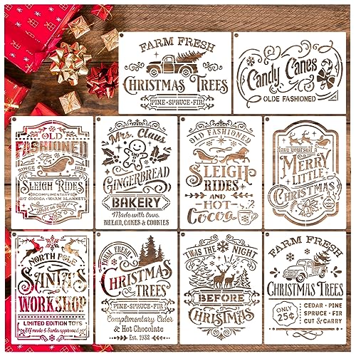 10 Pieces Christmas Stencils Reusable, A4 Holiday Farm Fresh Christmas Tree Stencils for Painting on Wood Sign Windown DIY Crafts Fabric Canvas Winter Decor (10pcs A4 chrismtas-Old)