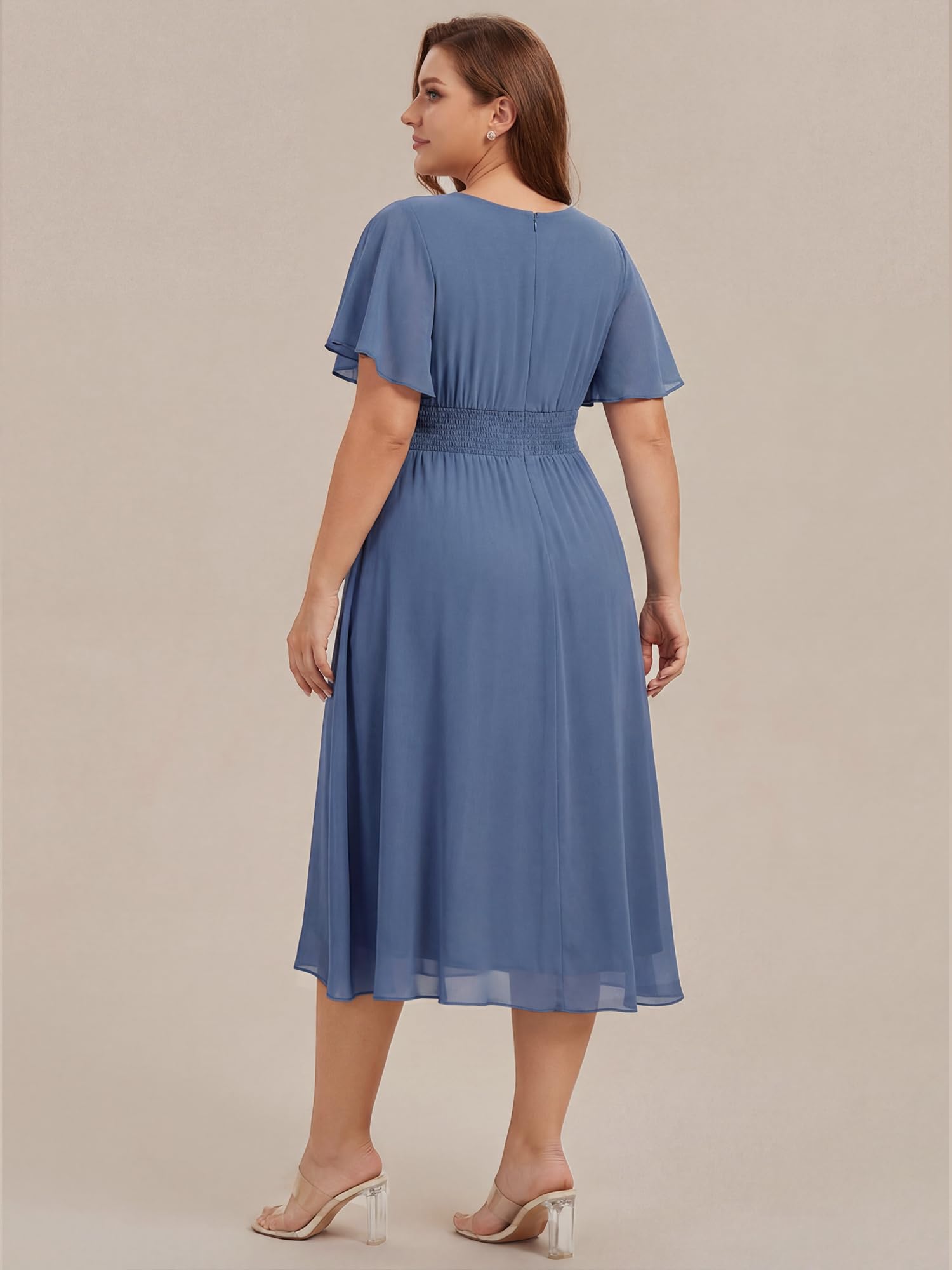 Ever-Pretty A Line Curvy Girocollo Maniche Corte Pieghe Plus Size Alto Basso Abiti da sposa 02053-DA, Blu marino polveroso., 50