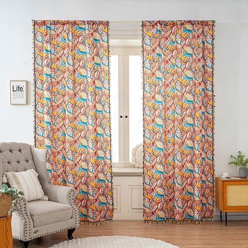 Image of Boho Paisley Curtains 84 Inches Long, Orange Blue Light Filtering Rod Pocket Drapes with Tassel Trim for Bedroom Living Room, 2 Panels