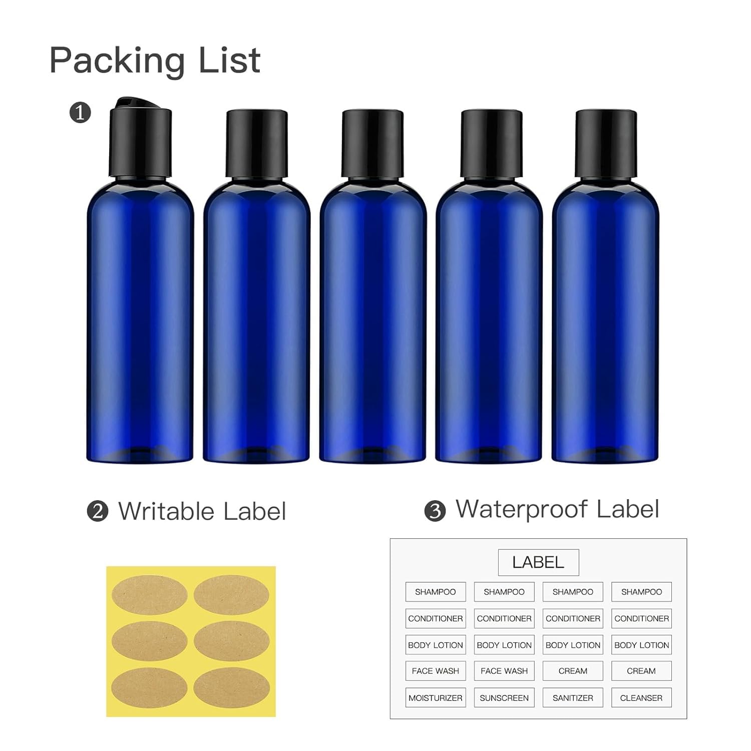 100 ml pusta butelka podróżna, szczelny, pojemnik do wielokrotnego napełniania z etykietą na szampon, balsam, kosmetyki (5 szt., niebieski)