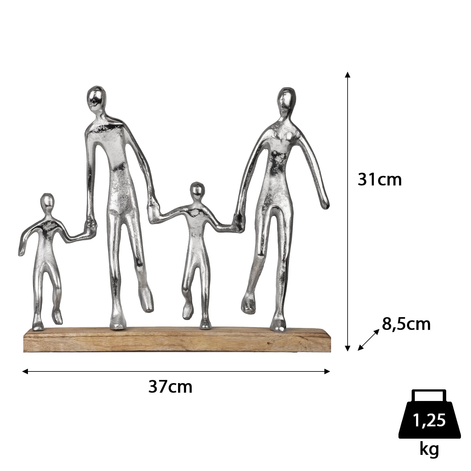 Figura decorativa moderna famiglia 4 persone su base in legno, 37 x 8,5 x 31 cm, elegante scultura per soggiorno, ufficio o credenza, simbolo di coesione amore e tempo insieme