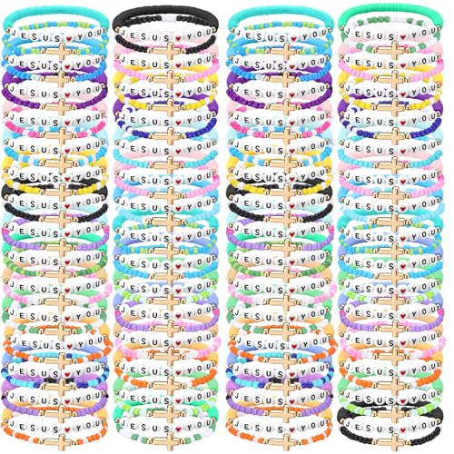 100 Pcs Beaded Friendship Bracelets Bulk Colorful Inspirational Stretch Bracelets Y2k Preppy Adjustable Jewelry for Rainbow Princess Women Beach Party Favor Gifts(Cross)