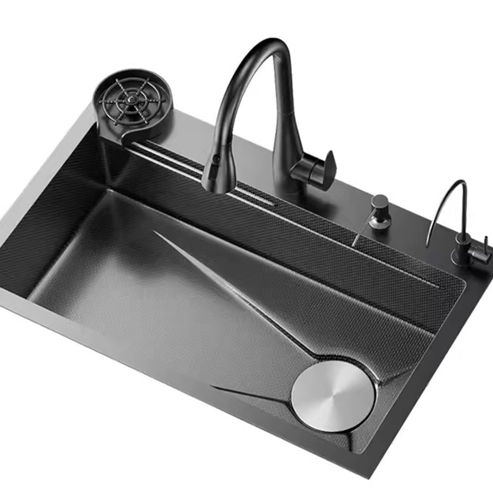WBJGUOD Black Stainless Steel Kitchen Sink with Pull-Out Faucet - Single Bowl Cup Washer and Complete Accessories(80X45X22CM)