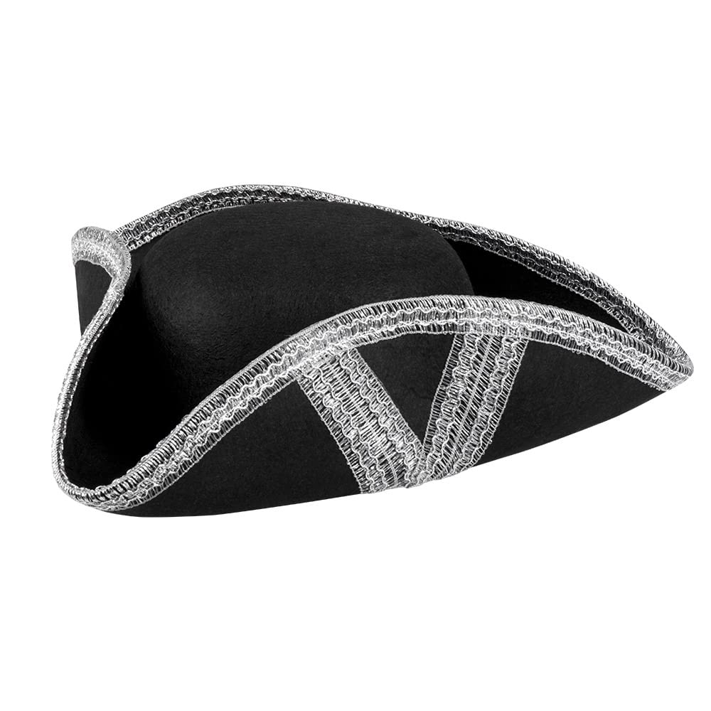 Boland Adult Pirate Captain Tricorn Hat – Black Three-Corner Hat with Silver Trim – Fancy Dress Costume Accessory for Buccaneer, Corsair and Naval Outfits