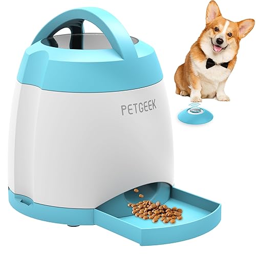 PETGEEK Automatic Dog Treat Dispenser, Interactive Dog Toys Treat Dispensing for IQ Training, Electronic Dog Puzzle Toys with Remote Control, Pet Toys to Keep Them Busy Dual Power Supply, Blue Color - Model 1 - Blue