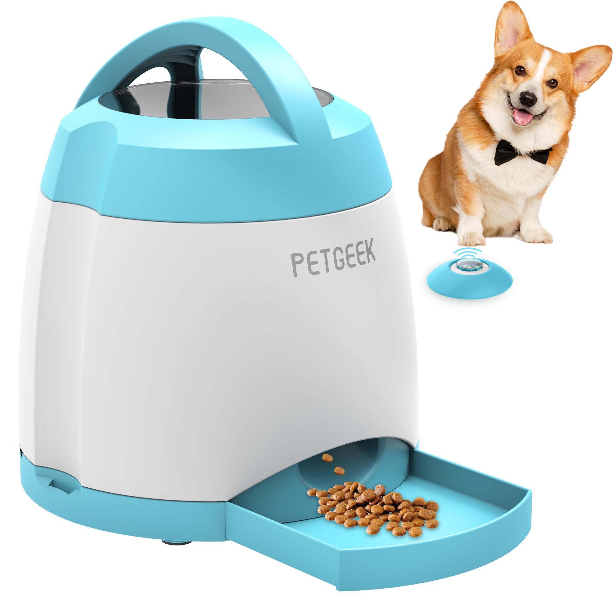 PETGEEK Automatic Dog Feeder Toy, Interactive Cat Dog Puzzle Toys Treat Dispensing, Electronic Dog Food Dispenser Remote Control, Safe ABS Material Pet Toy for All Breeds of Dogs Cats, Blue Color - Blue