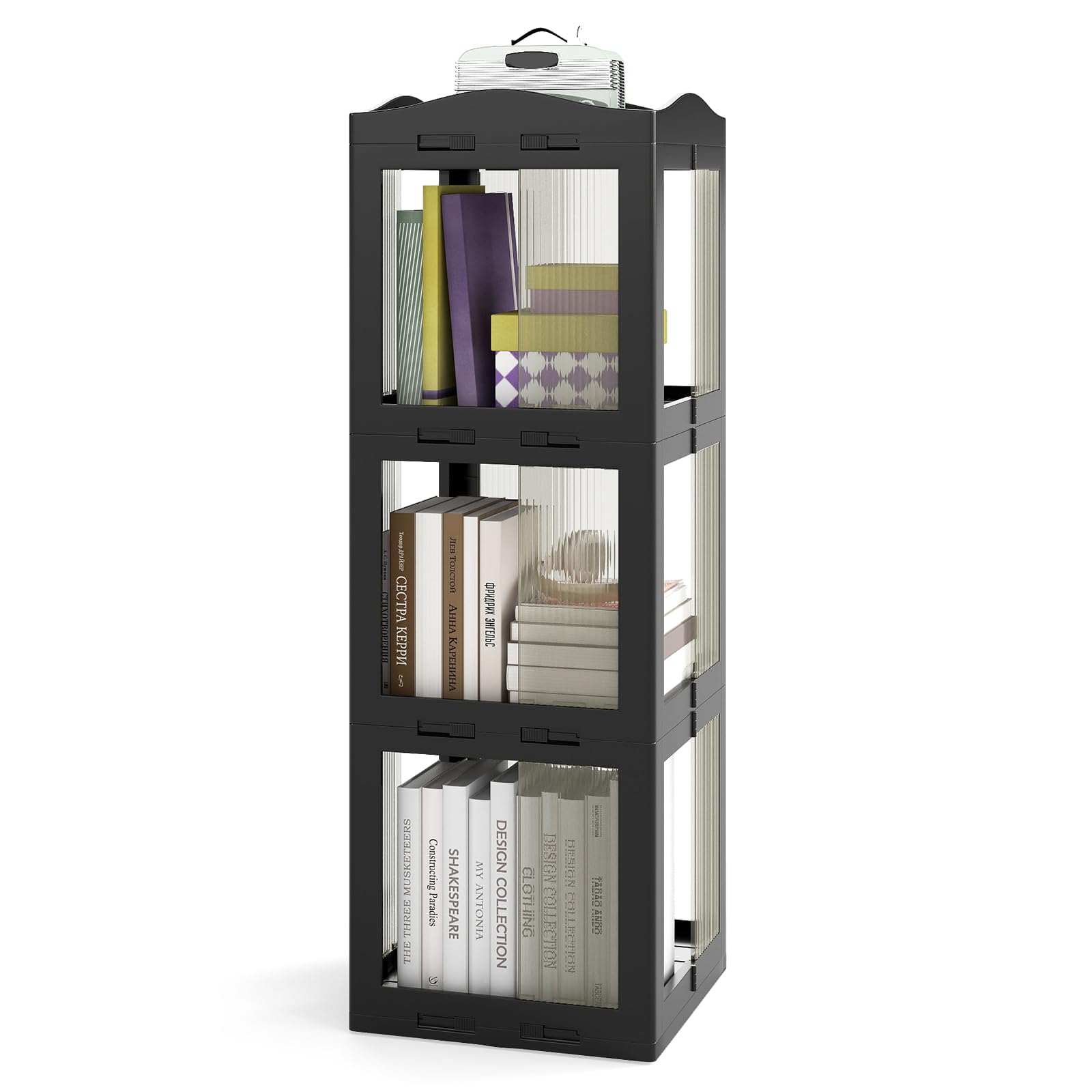 RELAX4LIFE Libreria Girevole a 360°, Scaffale a 3/4/5 Livelli con Pannelli Trasparenti e Base Girevole, Mobile Contenitore per Camera da Letto, Soggiorno e Ufficio in Casa (Nero,3 Livelli)