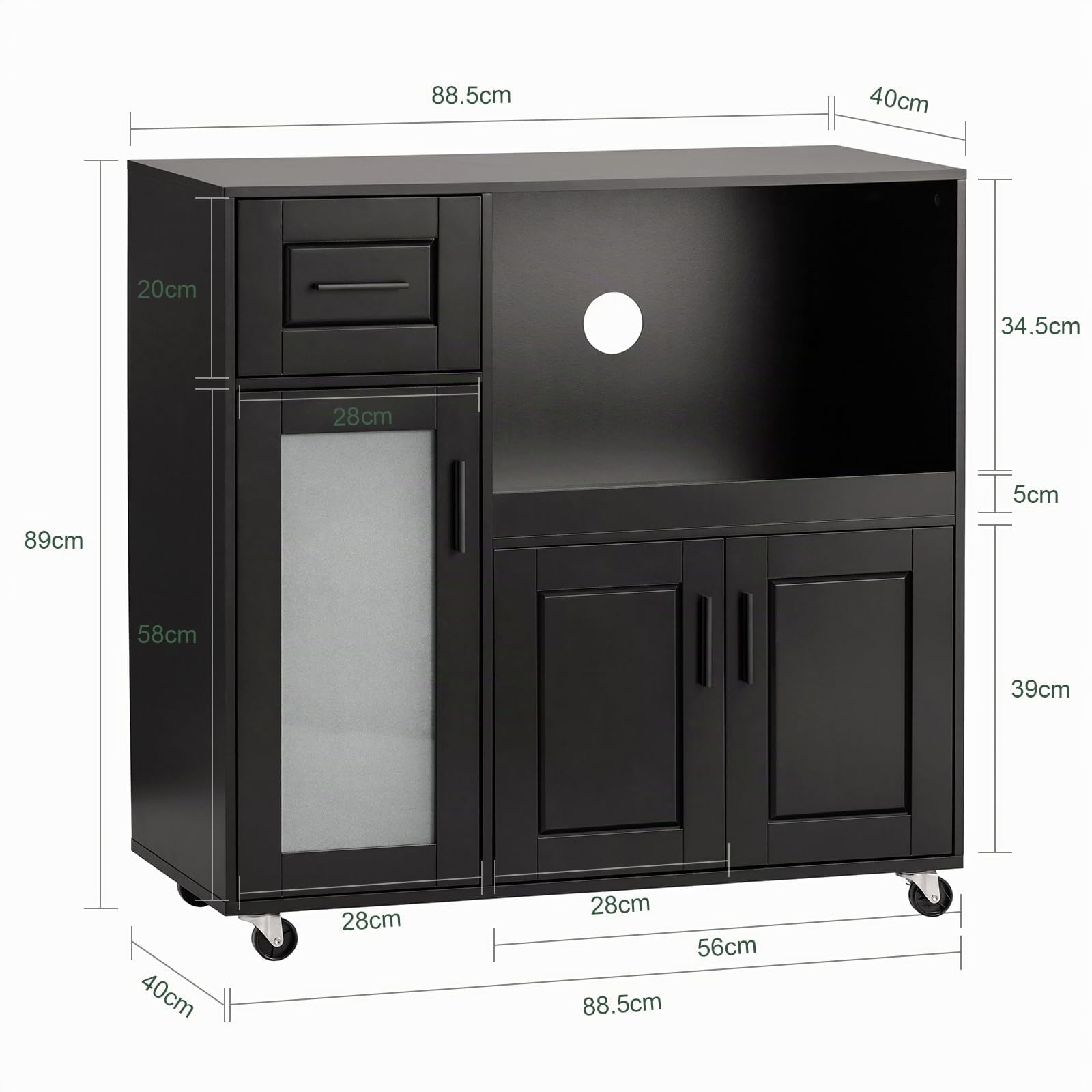 SoBuy Isla de Cocina con Ruedas, Mueble Auxiliar de Cocina, Desserte con Ruedas, Soporte para Microondas, Carrito Móvil para Sala de Comedor y Oficina en Casa 88,5 x 40 x 89 cm Negro FSB78-SCH