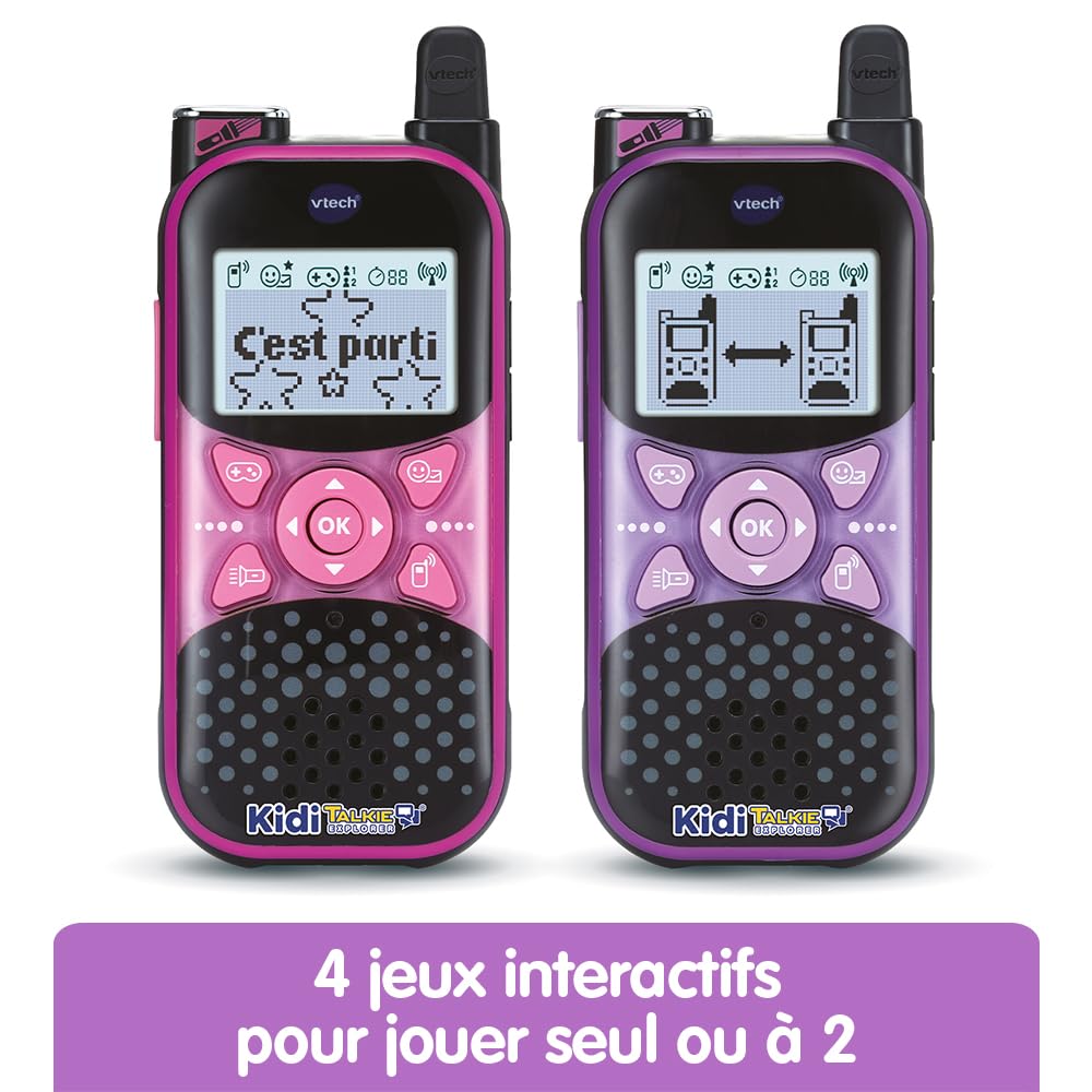 VTech - Kidi Talkie Explorer Violet et Rose, Talkies-Walkies Enfants avec Lampe Torche, Communication Cryptée Sécurisée, Portée de 200 Mètres, Cadeau Enfant Dès 4 Ans - Contenu en Français