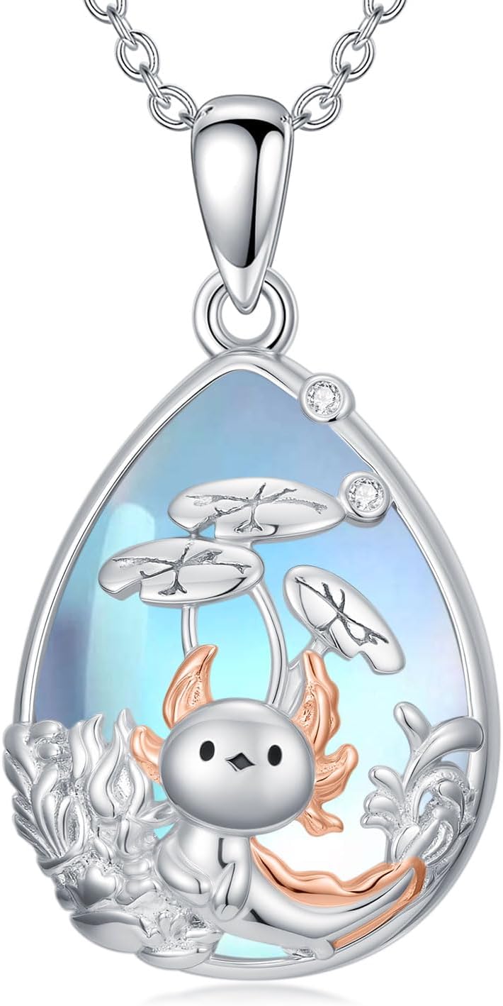Dorunmo Highland Cow/Peacock/Dolphin/Butterlfy/Penguin/Cat/Axolotl/Hummingbird/Elephant Necklace for Women Sterling Silver Moonstone Pendant Necklace Animals Jewelry Gifts for Women Mom Her