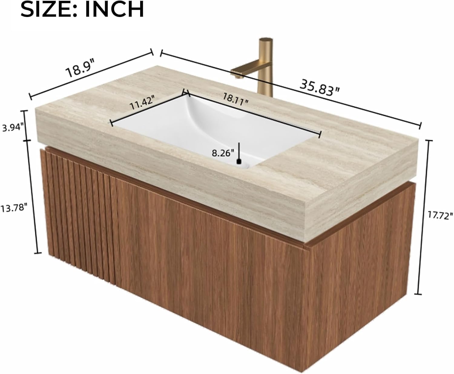 LKTART Floating 36 Inch Bathroom Vanity with Sink, Modern Plywood Wall Mounted Bathroom Storage Cabinet with 1 Door and 1 Drawer, Roma Travertine-Pattern Sintered Stone Countertop and Ceramic Basin