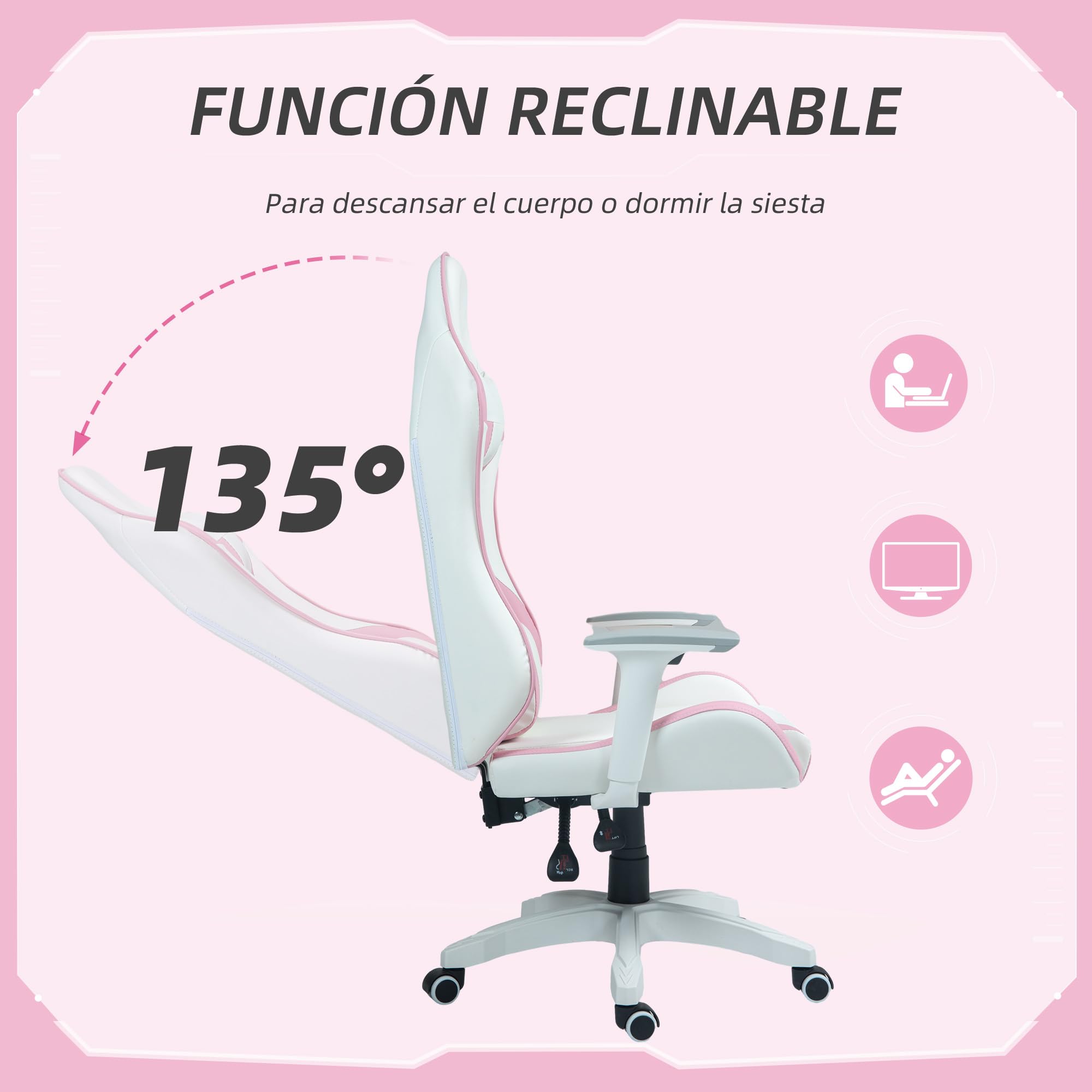 HOMCOM Silla Gaming Reclinable Silla Gamer Giratoria Silla de Oficina Basculante con Cojín Lumbar Reposabrazos 3D Reposacabezas Extraíble y Altura Ajustable 67x60x120-128 cm Blanco y Rosa