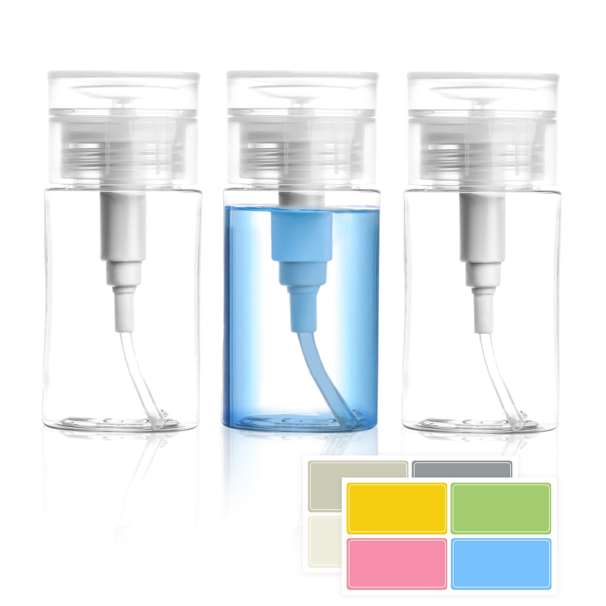 3 Pack Push Down Pump Dispenser,Clear Push Top Empty Bottles with DIY Stickers for Alcohol,Nail Polish,Makeup Remover,Toner (80ml)