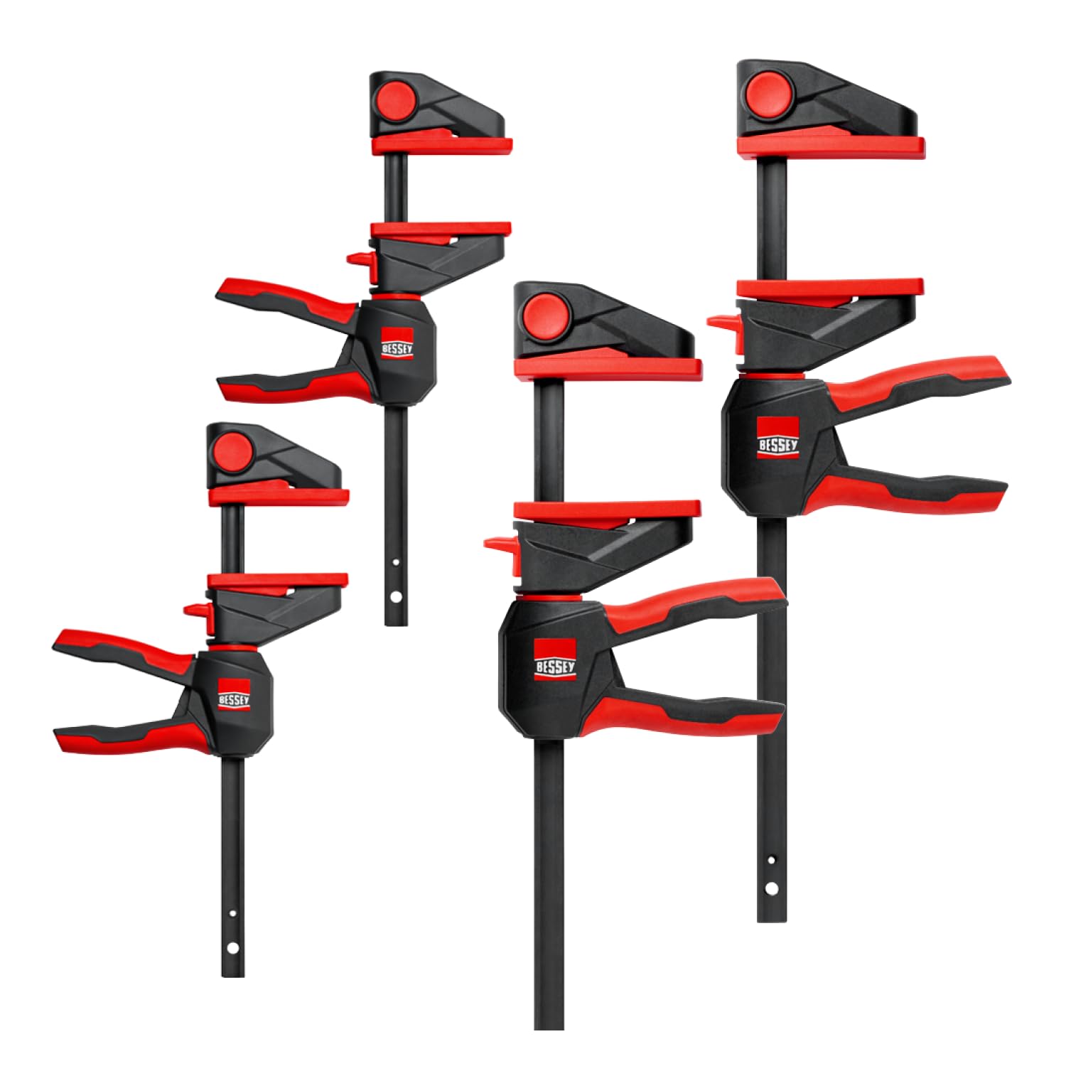 BESSEY Einhandzwingen-SET EZ360M-EZ360-SET, 2x EZ360M-15 und 2x EZ360-30, innovativer 360° Dreh-Mechanismus ermöglicht das Platzieren der Griffeinheit rund um die Schiene