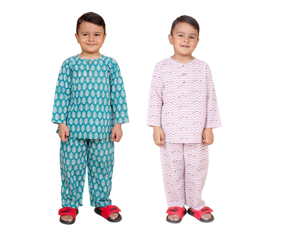 Image of Boys Cotton Night Suit | Jaipur Handblock Print Pajama Set for Kids | Boys Sleepwear | Kids Pajama Set | Baby & Toddler Sleep Suit | Combo Pack of 2