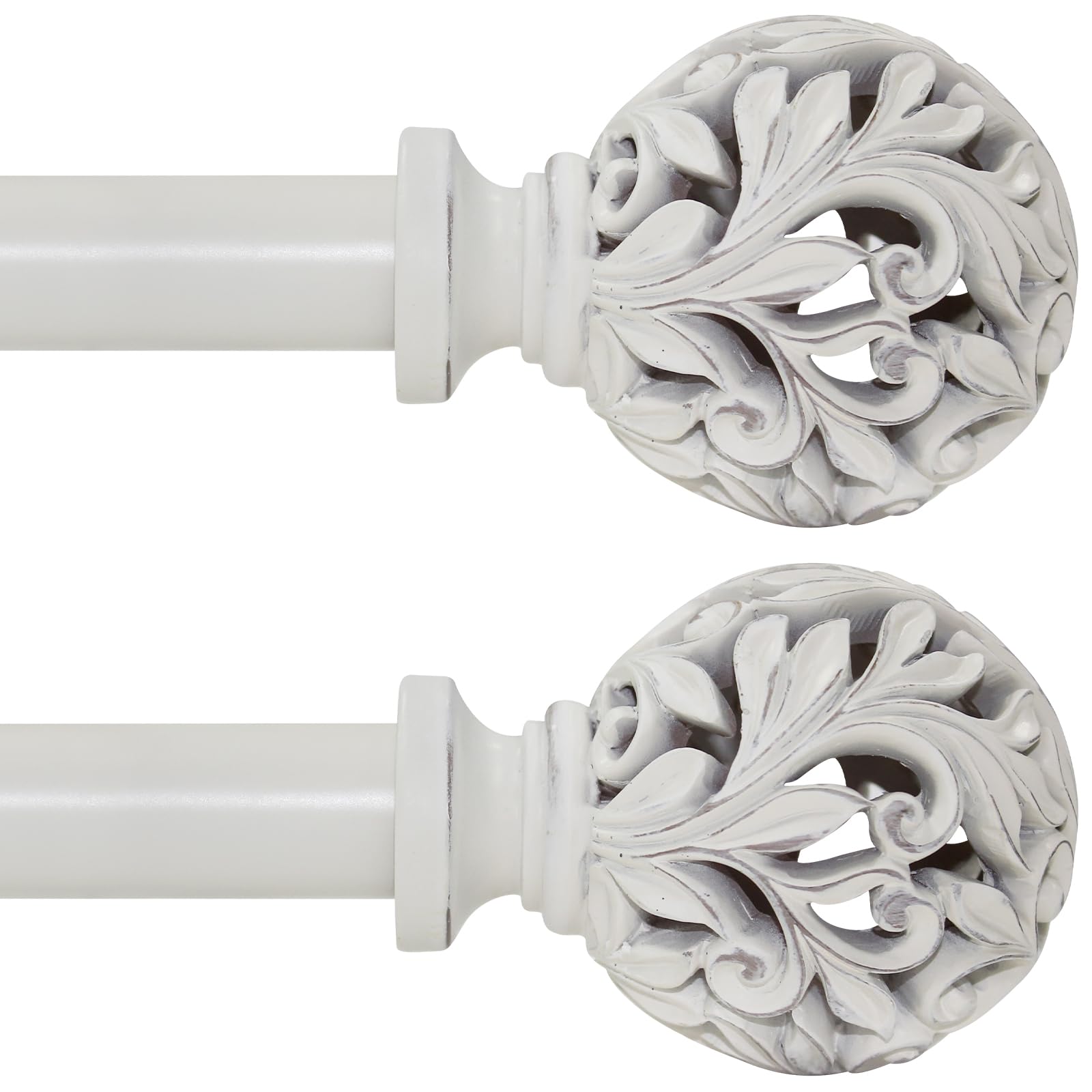 2 Pack Heavy Duty Curtain Rods 18 to 64 inches (1.5-5.3 ft)，1-Inch Diameter Adjustable Drapery Rod with Decorative Openwork Carved Leaf Finials,