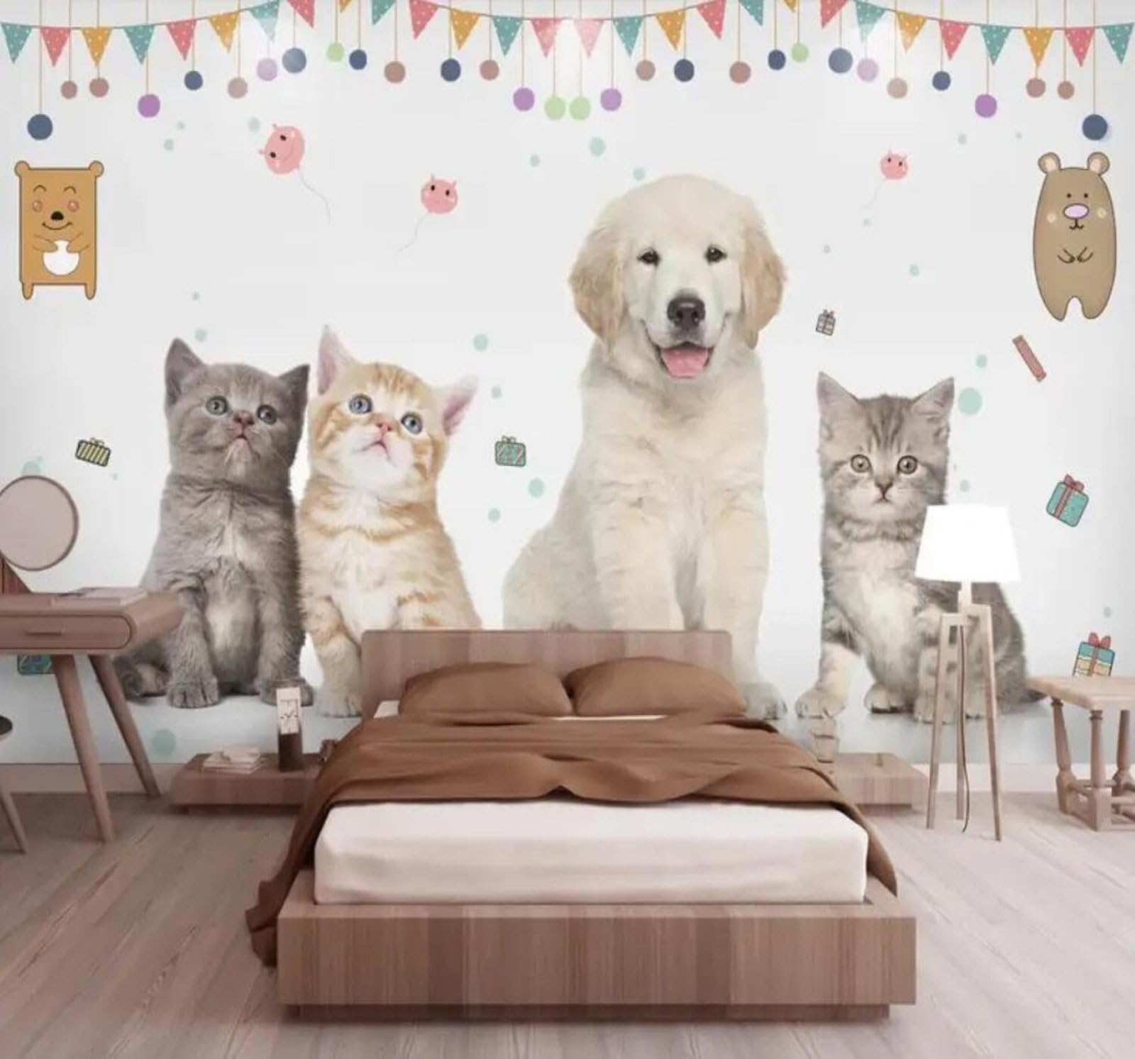 Tzxztt 250Cm×170Cm(B×H) Hand Drawn Watercolour Cute Cats Dogs Animals Pets Modern 3D Wallpaper Premium Textured Silk Neutral Tones Material Ideal For Living Room Bedroom-250Cm×170Cm