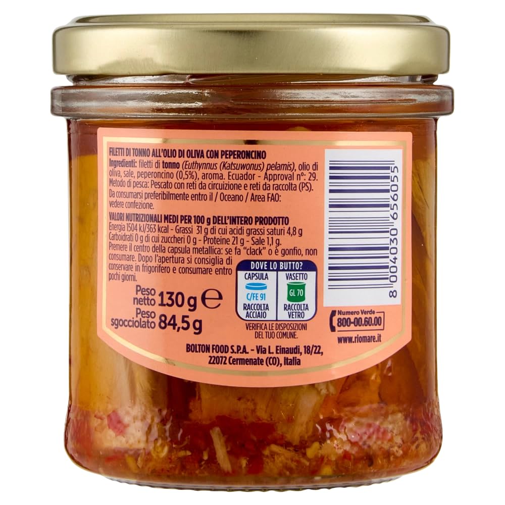 Italian Gourmet Bundle Thunfischfilets in Olivenöl mit Chili 3x 130g + Italian Gourmet Polpa Gratis – Italienische Filettini di Tonno mit Peperoncino, handverarbeitet im Glas 390g