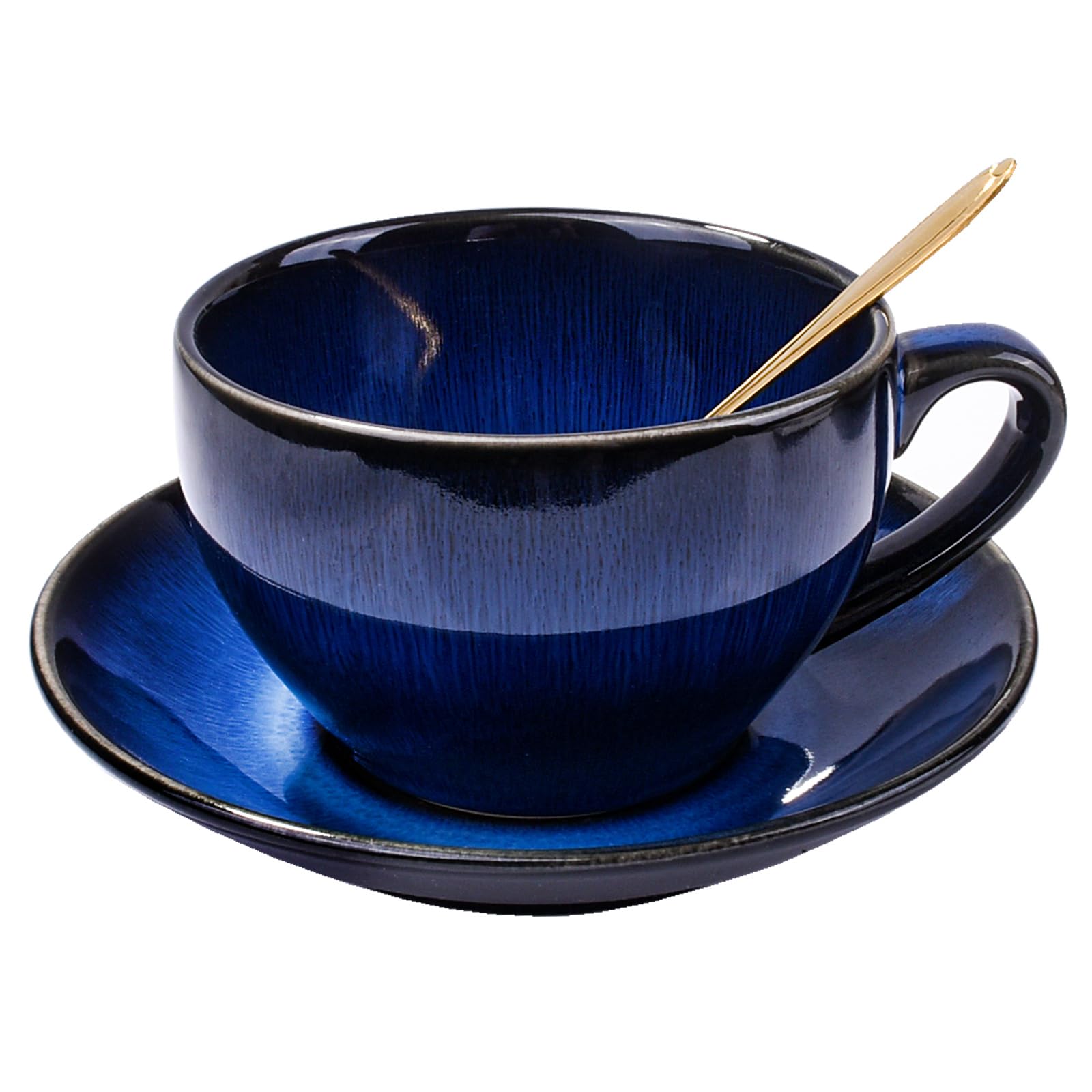 BOSILI 10 oz Ceramic Latte Art Cappuccino Barista Cup with Saucer and Spoon, Blue Porcelain TeaCups and Saucers Plates and Spoon, Drinking Cups for Breakfasts, Tea Parties, Afternoon Teas (Blus)