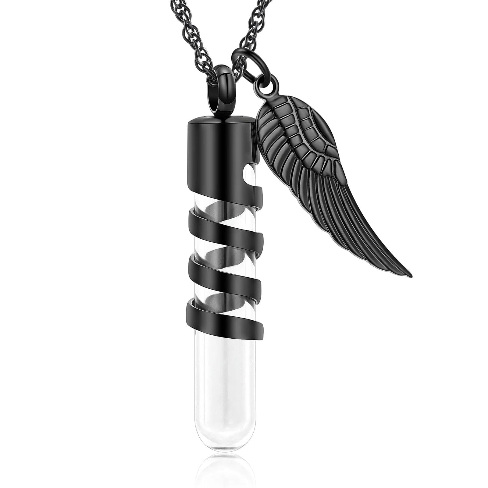 Bijou funéraire cylindrique en verre pour cendres et collier urne mixte en acier noir