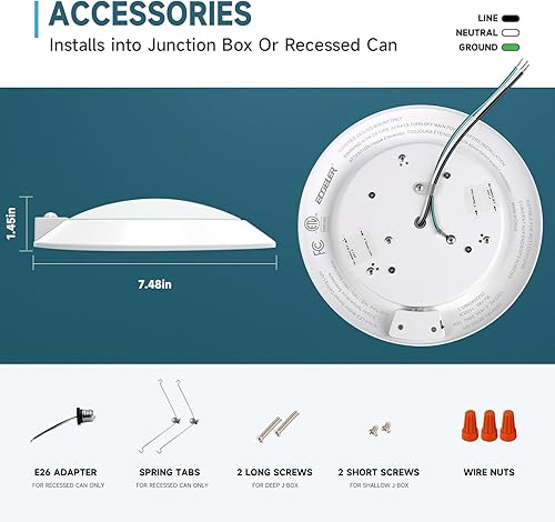 Miniatura 6 de ECOELER Paquete de 2 luces de techo con sensor de movimiento PIR, luz de ocupación seleccionable 3CCT con cuenta regresiva y sensor de atardecer a