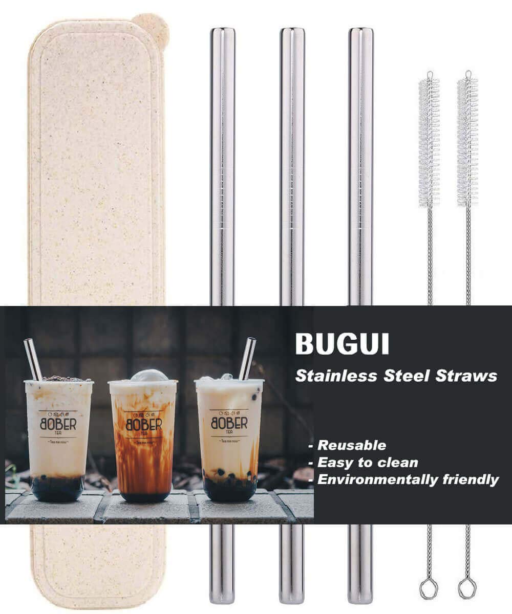 Reusable Stainless Steel Extra Wide Smoothie Straws with Travel Case, Set of 3, 10.5" Long, 0.48" Diameter, Perfect for Drinking Boba & Bubble Tea, Milkshake, Jumbo Drinks. (3 Straws | 2 Brushes)