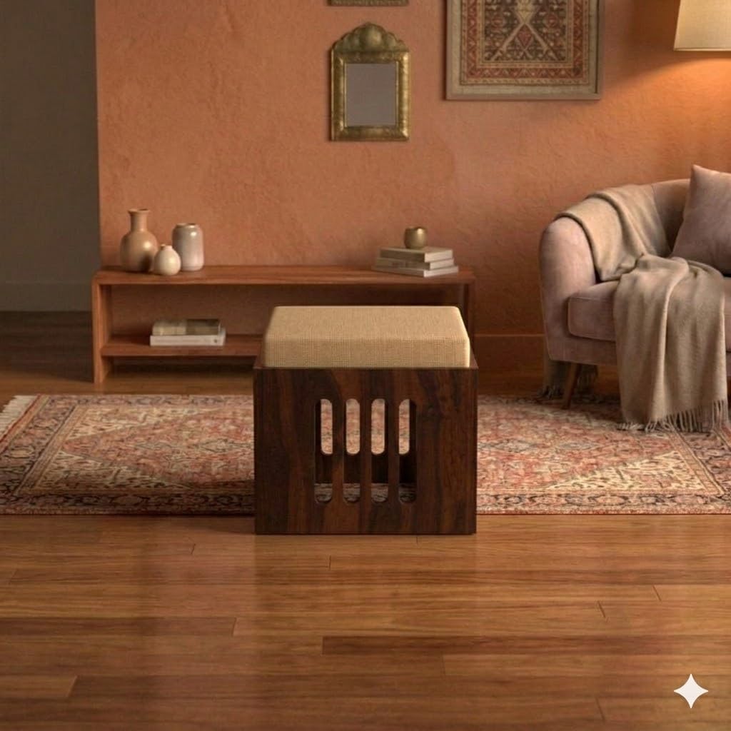 Sheesham Wooden Ottoman Stool with Cushion Seating – Hand-Carved Wooden Pouffe Footrest for Living Room Bedroom – Solid Wood Square Seating Stool (Design 5)-image-0