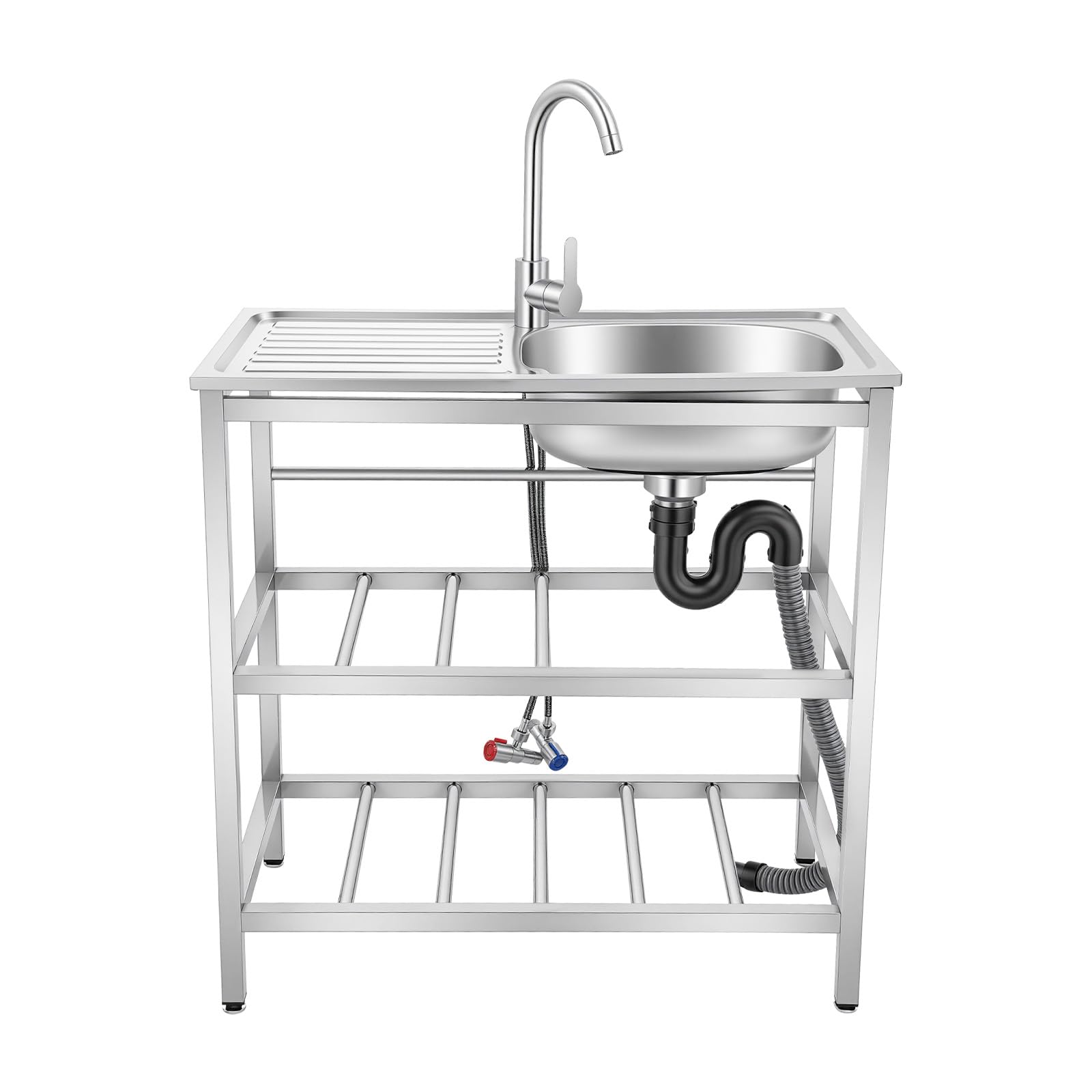 Freistehende Küchenspüle 1 Becken Edelstahl Waschbecken mit Werkbank Edelstahlspüle Gewerbliche Küchenspüle mit Wasserhahn & Ablage für Garten, Camping & Werkstatt