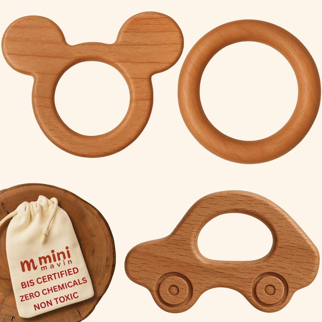 MINIMAVIN Natural and Chemical-Free Neem Wood Teethers | bpa Free Wooden teether for 6 to 12 Months Baby | Anti-Bacterial and Anti-Fungal ((Bunny+CAR+Ring_Set of 3))-image-49