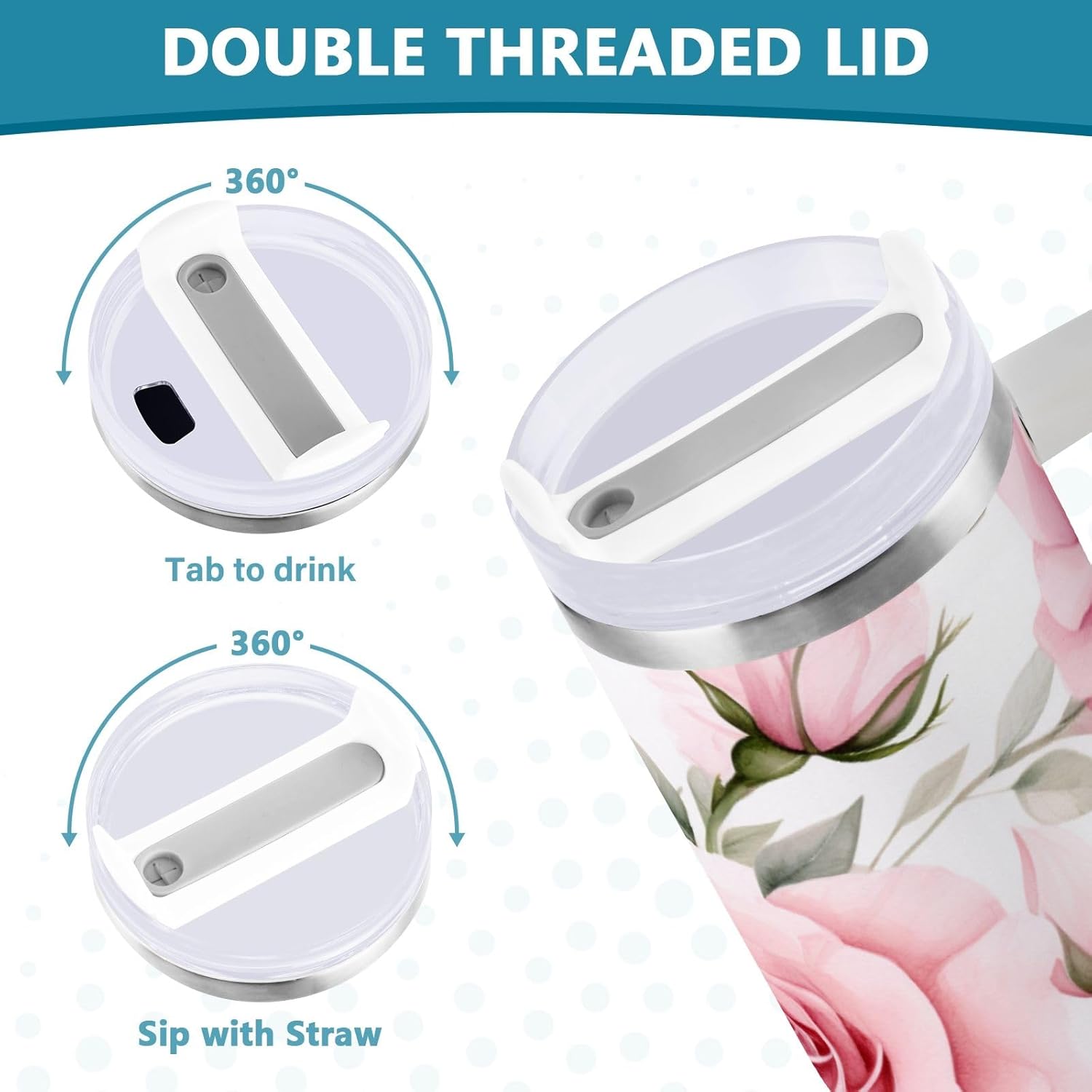 40oz Stainless Steel Insulated Tumbler With Handle And Lid Straw Travel Mug Thermal Cup Rose Pink Flower - Image 5