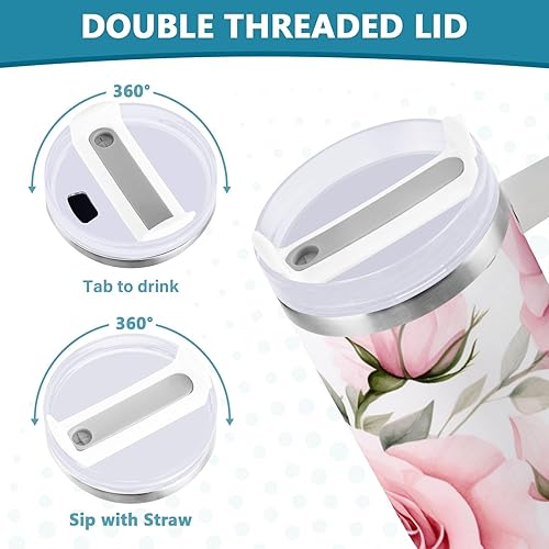 Miniatura 5 de Vaso aislado de acero inoxidable de 40 onzas con asa y tapa, taza de viaje con pajita, taza térmica, flor rosa rosa